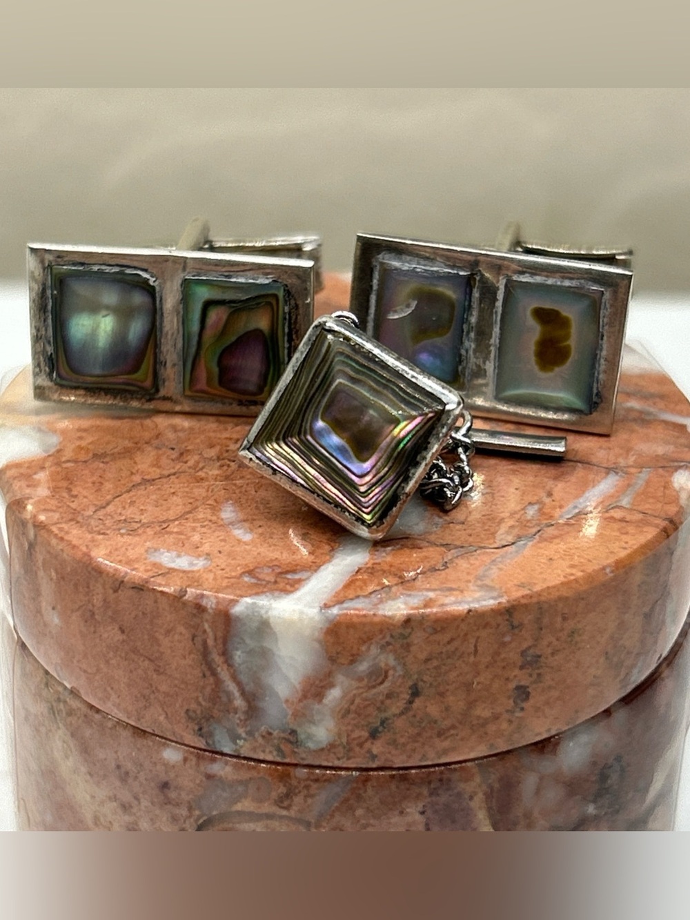 Vintage Abalone Cufflinks + Tie Bar Sterling Stamped Taxco Mexico Modernist